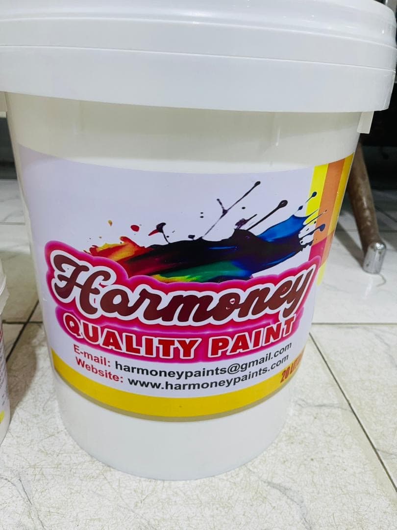 A large Harmoney Paints container photographed up close.